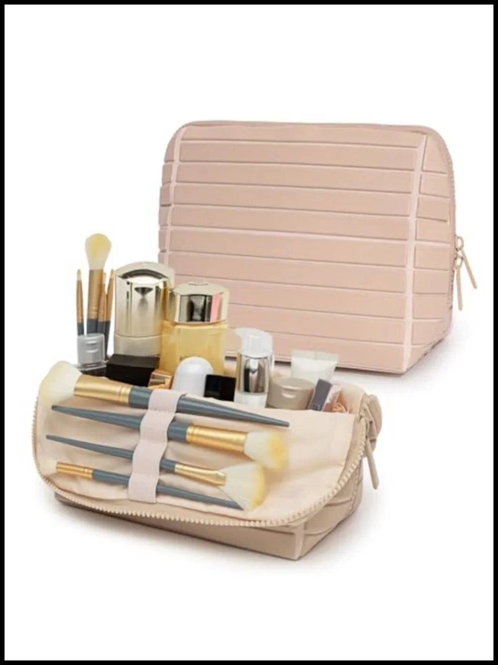 PU Leather Travel Makeup Bag with Fold-Down Design and Adjustable Dividers